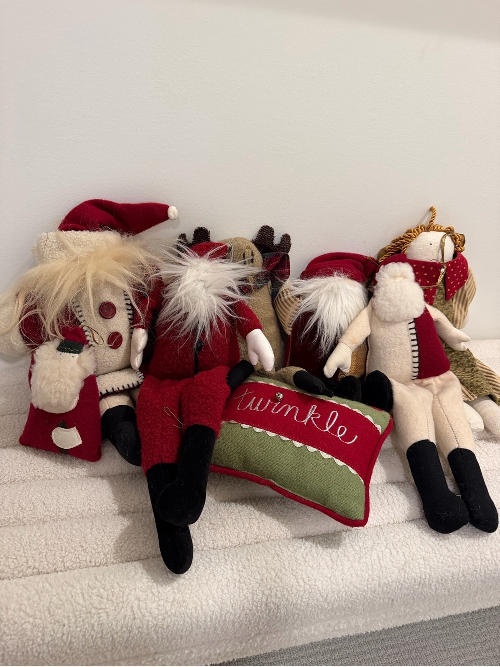 Holiday Plush Santa, Angel and Raindeer Decor Set in Red, Green and Cream